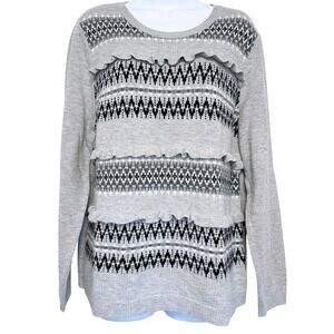 Talbots Fair Isle Sweater Womens Size XL Gray Lambswool Blend Ruffle Cozy Nordic